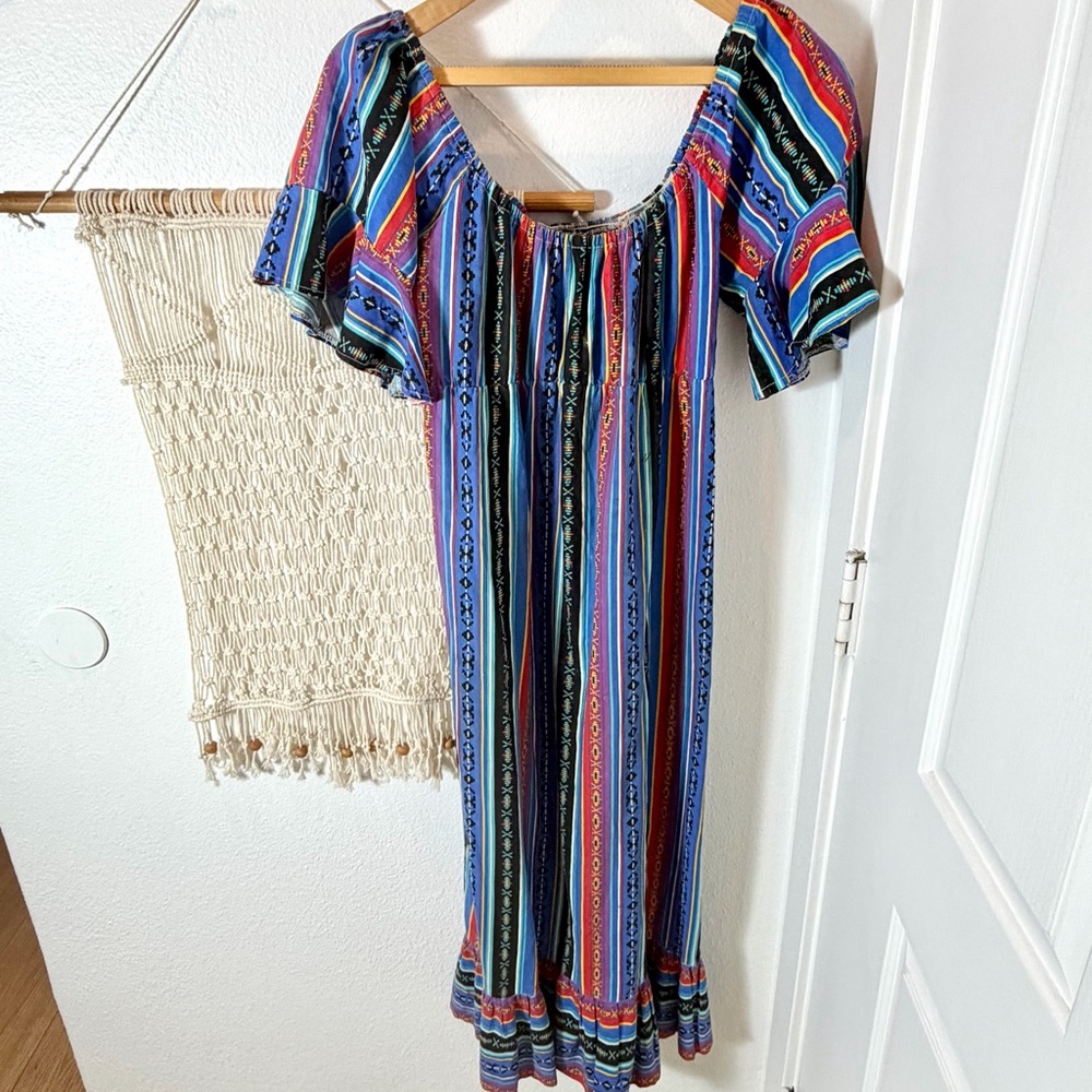 🌞✌🏼 70s Handmade Vintage Bohemian Gypsy Stripe Boho Maxi Dress Blue Multicolor M